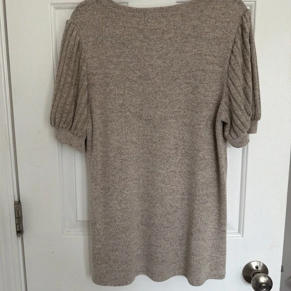 Crew Neck Puff Sleeve Sweater Top in Taupe - Picture 6 of 7